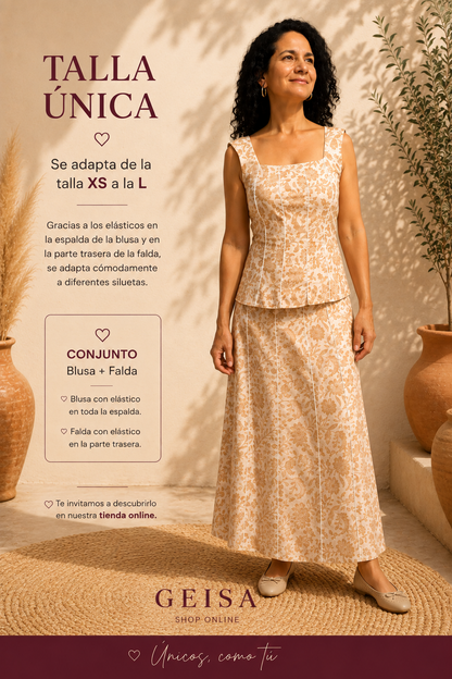 Conjunto Floral Dorado — Blusa y Falda Talla Única