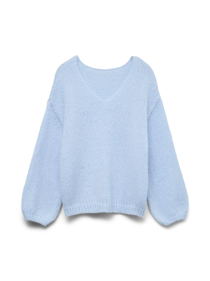 Pulóver de Punto con Cuello en V - Azul Cashmere