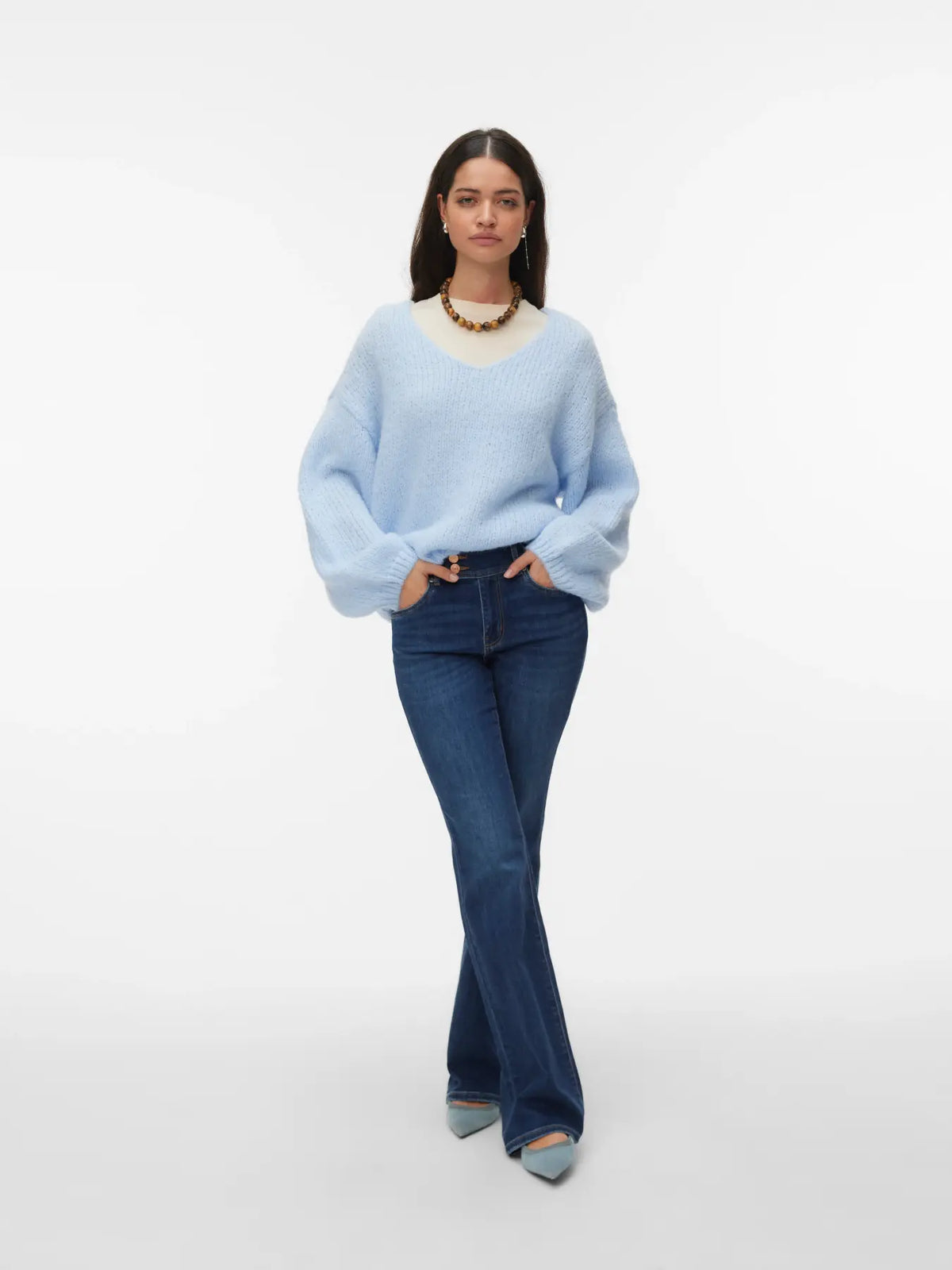 Pulóver de Punto con Cuello en V - Azul Cashmere