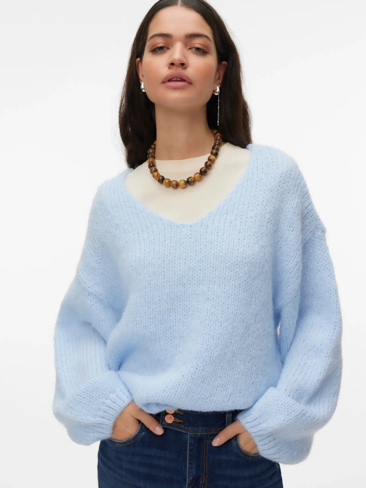 Pulóver de Punto con Cuello en V - Azul Cashmere