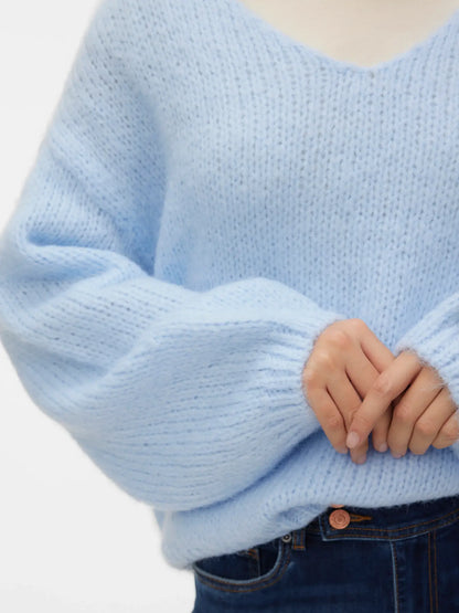 Pulóver de Punto con Cuello en V - Azul Cashmere